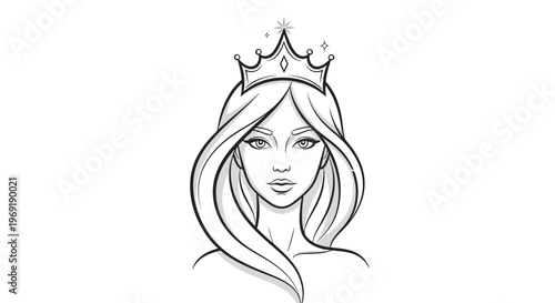 Elegant monochrome portrait of a crowned woman with flowing hair, embodying regal grace and