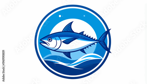 A vibrant illustration of a bluefin tuna swimming through ocean waves, set within a circular badge, symbolizing marine life and healthy ecosystems