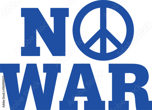 Antiwar protest symbol with bold blue letters and peace sign isolated