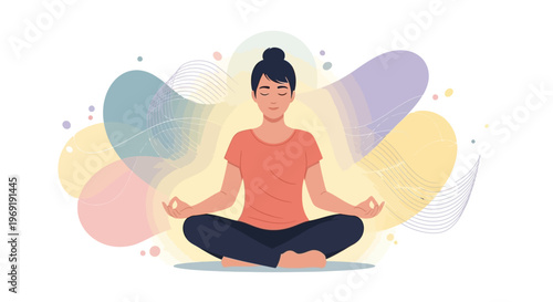Woman Meditating in Lotus Pose with Abstract Fluid Shapes for Mindfulness Concept