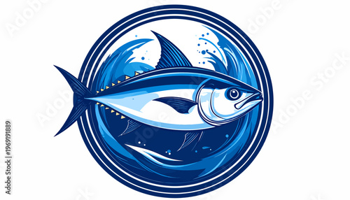 Dynamic illustration of a powerful tuna fish leaping through vibrant ocean waves, showcasing marine strength and aquatic energy within a circular emblem
