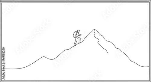 Minimalist single line drawing depicting a determined hiker ascending a towering mountain peak