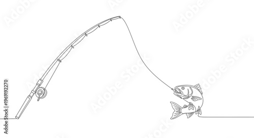 Dynamic continuous line art of a fish leaping from water hooked on a fishing rod and line