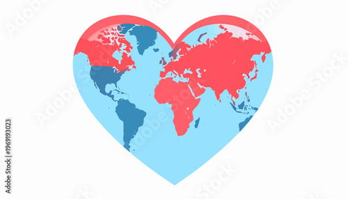 Global Heart A vivid illustration of the world map within a heart, symbolizing unity, love, interconnectedness, and shared well-being for humanity and our planet