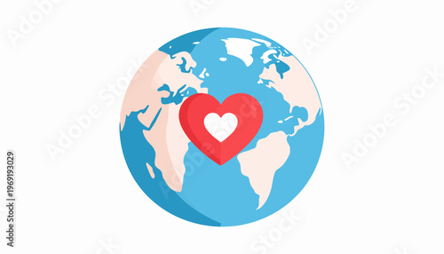 A vibrant and symbolic illustration depicting a red heart embracing the Earth, representing universal love, global unity, environmental care, compassion, peace, and worldwide health initiatives for a 