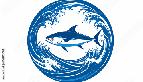 Tuna fish swimming through ocean waves in a circular emblem