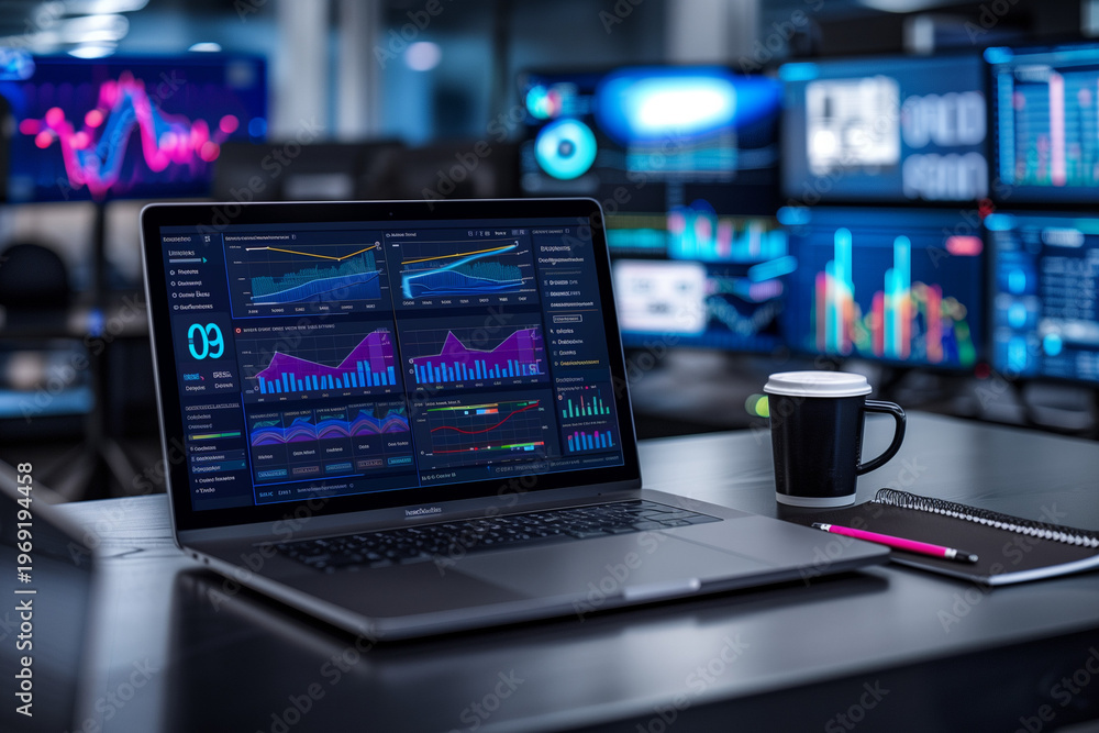 Fototapeta premium trading dashboard on laptop stock market charts analytics workspace