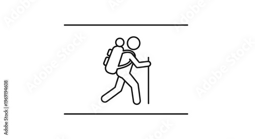 Minimalist outline of an adventurer with a backpack and trekking pole embarking on a journey