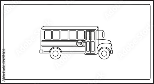 Detailed outline illustration of a classic yellow school bus with stop sign for educational