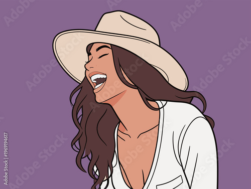 Woman with a hat laughs while enjoying a moment in front of a purple background