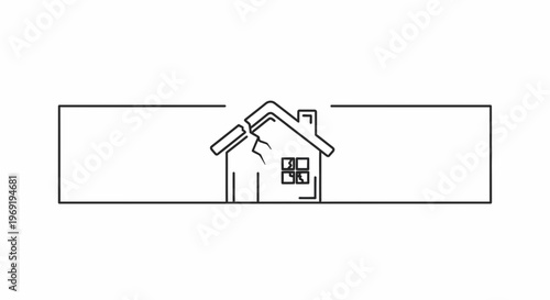 Simple line art depicting a residential building with a structural crack indicating damage or an