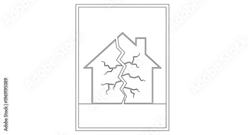 Graphic illustration of a residential structure experiencing severe structural damage and fracturing