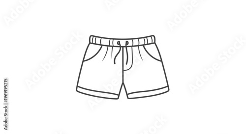 Minimalist line art illustration of comfortable casual shorts with elastic drawstring waistband