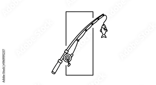 Minimalist line art illustration of a fishing rod with a hooked fish for recreational themes