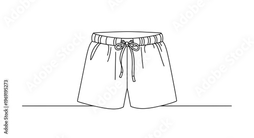 Minimalist continuous line art illustration of casual shorts with drawstring waistband perfect for
