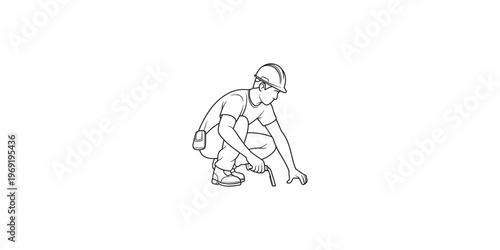 Continuous line drawing of Man wearing hardhat crouches down to pick up a tool worker construction helmet tools crouching