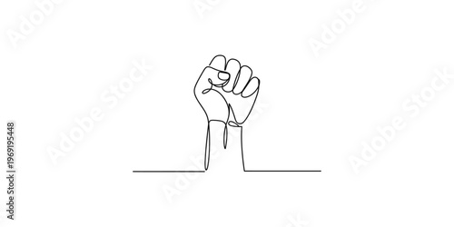 Continuous line drawing of a clenched fist emerging from a surface hand one single illustration
