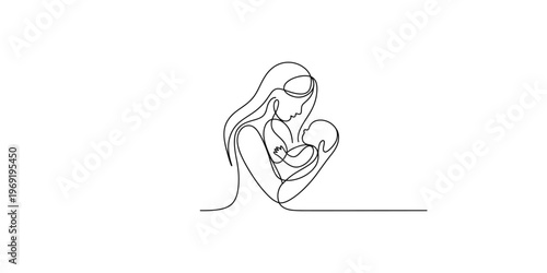 Mother holding baby in her arms in one line drawing style woman child parenting parent
