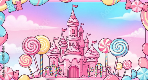 Colorful pink castle surrounded by lollipops and candy against a pastel sky with fluffy clouds sweet treats and desserts
