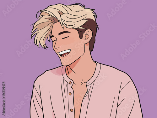 Young man smiles with light hair against a purple background while wearing a casual shirt and showing happy expression