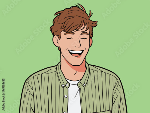 Young man smiles while wearing a striped shirt in front of a green background during a casual moment of joy