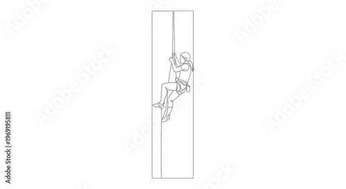 Minimalist continuous line art illustration of an individual rock climbing with safety equipment