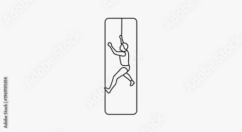 Dynamic monochrome line art depicting a climber scaling a vertical ascent with rope support