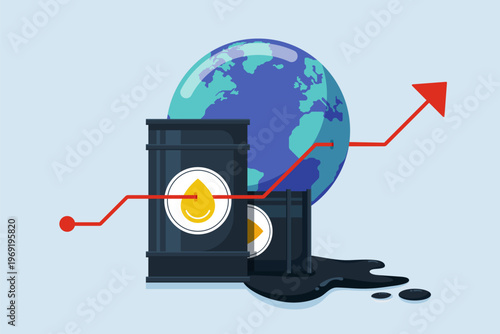Global oil price increase and energy industry market crisis concept flat design style. Decorated with arrow graph and globe icon.