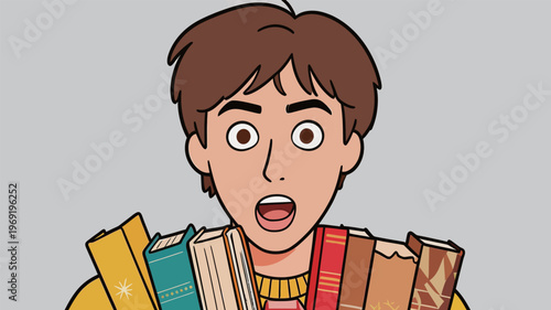Young person holds many books and looks surprised in a simple setting