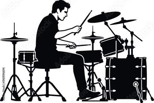 Drummer silhouette playing drum kit, musician performance vector illustration, rock band percussion artist, live music concept, black and white isolated design