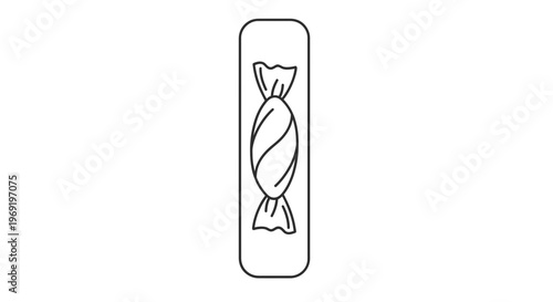 Minimalist black and white line art illustration of a delicious sweet wrapped candy treat for
