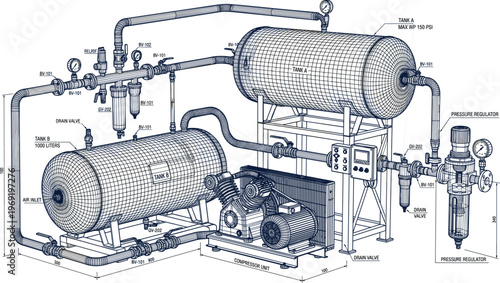 Industrial compressed air system blueprint, detailed engineering schematic of air compressor, storage tanks, pressure regulators, piping layout, technical mechanical illustration