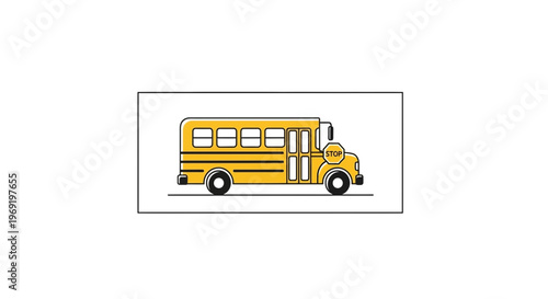 Bright yellow school bus illustration featuring a stop sign for student transport and education