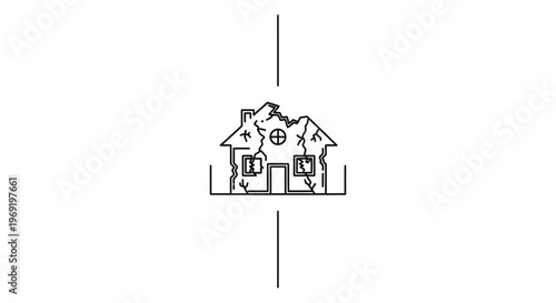 Illustrative line icon showing a house experiencing severe structural damage and decay with
