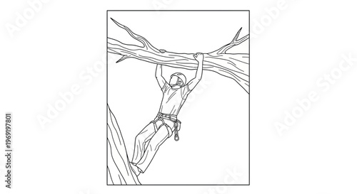 Line art illustration of an adventurous person hanging from a sturdy tree branch during outdoor