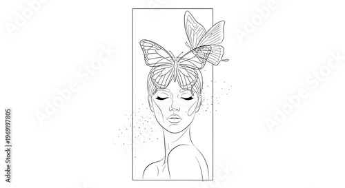 Elegant minimalist line art of a serene woman with delicate butterflies adorning her graceful