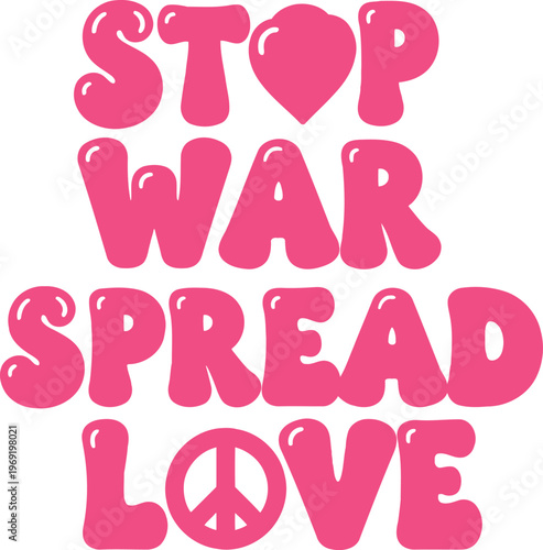 Colorful antiwar message with peace symbol and bubble letters design graphic