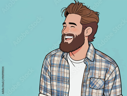 Smiling man with beard wearing plaid shirt and enjoying a moment inside a light blue backdrop