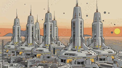 City skyline with futuristic buildings under orange sunset on a distant horizon with mountains