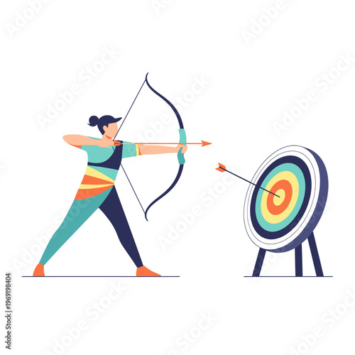 Archer Aims and Shoots Arrow at Target, Bullseye Hit