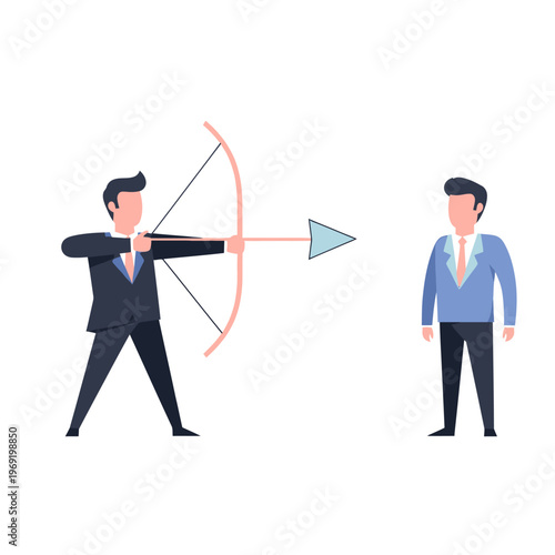Businessman aiming bow and arrow at another businessman, competition concept
