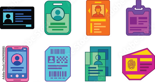 Identification card and personal ID icon set featuring profile badge license symbols for security access and identity design