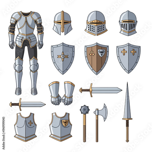 Medieval Knight Armor Set and Weapons Collection - Flat Design Icons