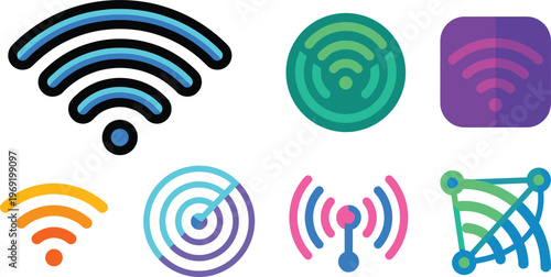 WiFi signal and wireless network icon set featuring internet connectivity symbols for technology communication and digital connection design