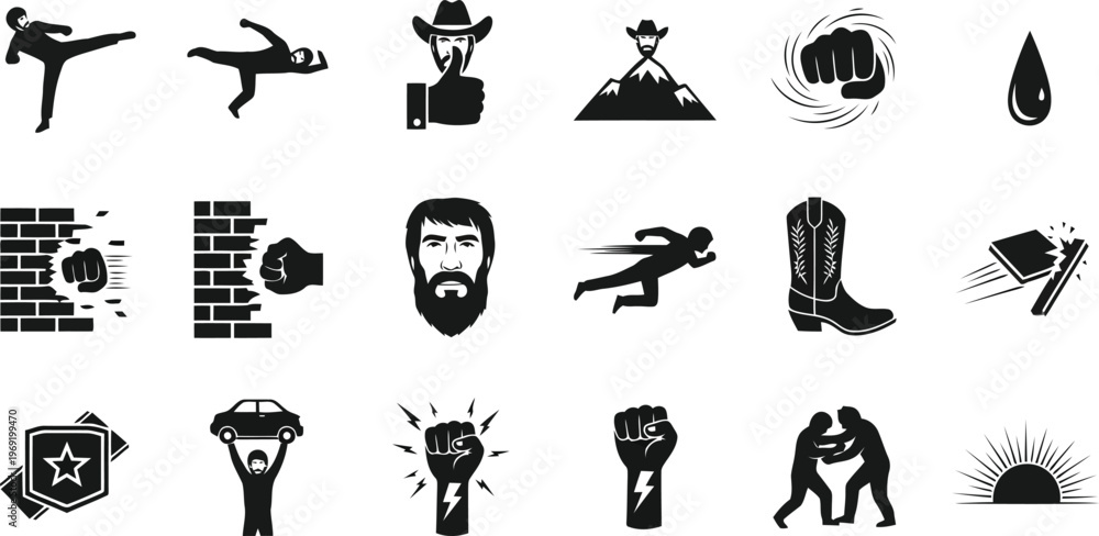 Obraz premium Silhouette icons representing action, strength, and western themes, martial arts