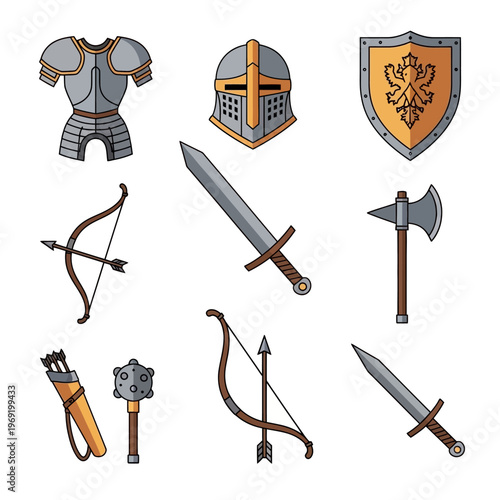 Medieval Knight Armor, Weapons, and Shield Set - Vector Illustration