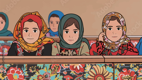 Young girls in colorful headscarves sit together in a classroom during a learning activity in a rural setting