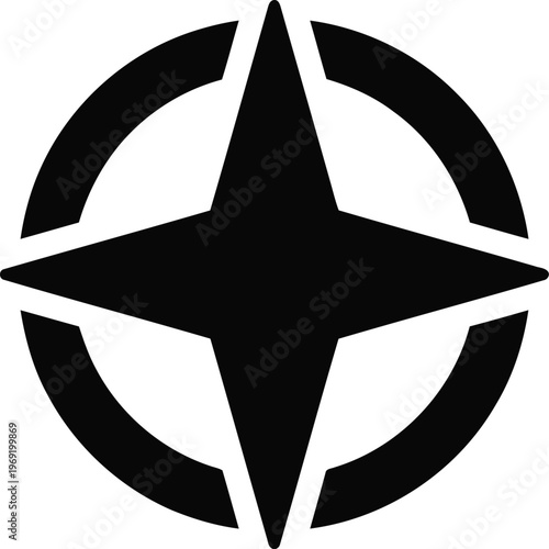 Black silhouette of a four-pointed star within a circular frame, representing direction