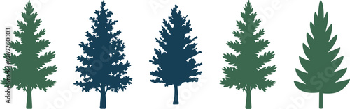 Set of various pine and evergreen tree silhouettes isolated on white background, vector illustration of conifer forest elements for nature, landscape, and botanical design projects