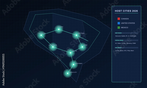 Hand-drawn futuristic digital map of North America 2026 soccer host cities featuring glowing network nodes interface authentic illustration